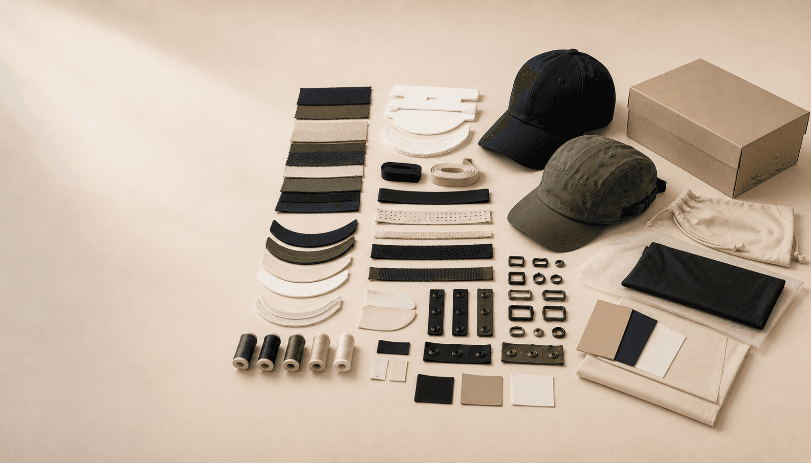 Blank caps, fabrics, trims, closures, decoration bases, and packaging arranged to represent a connected headwear supply chain.