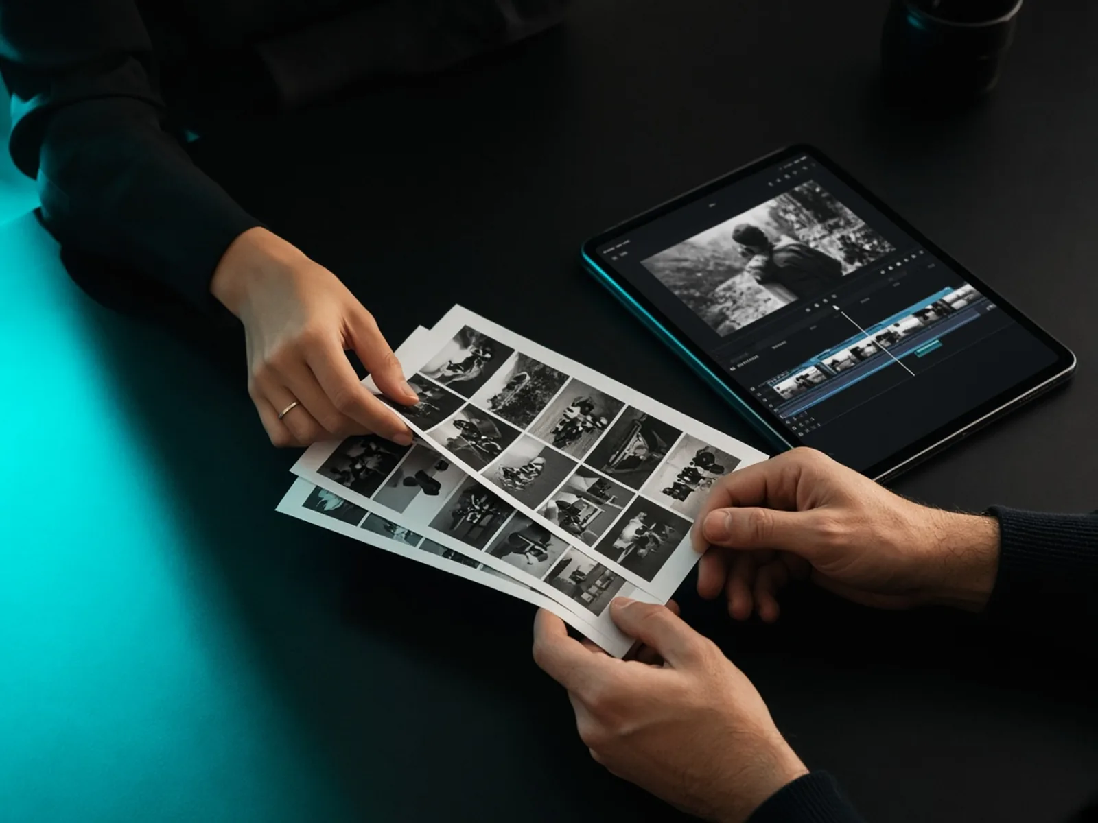 Mains d’une femme et d’un homme examinant des planches-contact photo sur un bureau noir, tablette de montage à côté