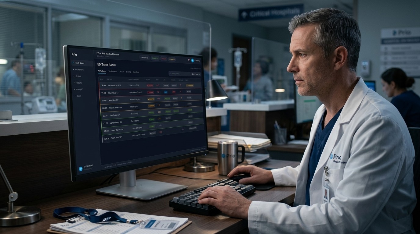 Emergency physician at a desk reviewing the Prio track board on a desktop monitor