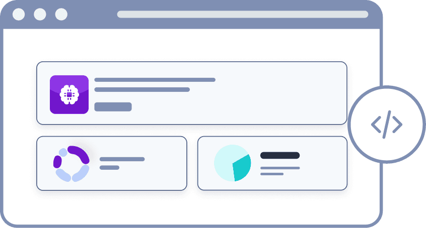 A stylized illustration of a web page interface shows overlapping rectangular cards, one featuring a purple icon and text, and two others containing circular graphs, with a code symbol in the corner, highlighting concepts of web development and data visualization.