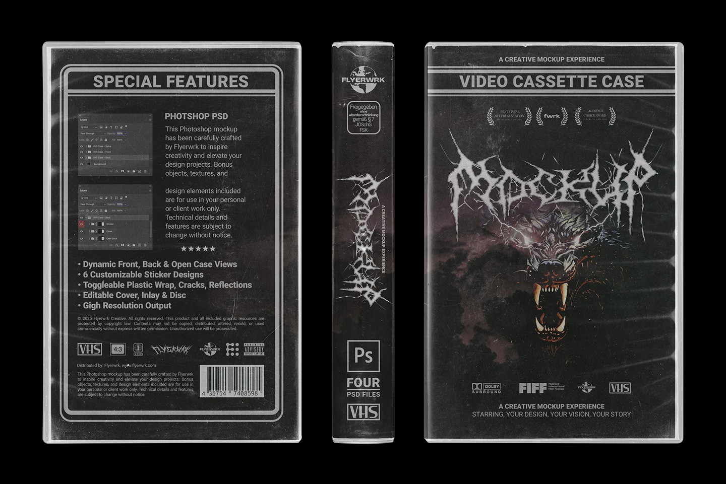 Vintage VHS cassette tape case mockup special features panel and design example