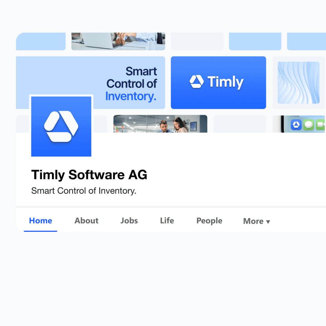 Timly Software AG's LinkedIn banner featuring a blue-themed brand design, highlighting smart control of inventory.
