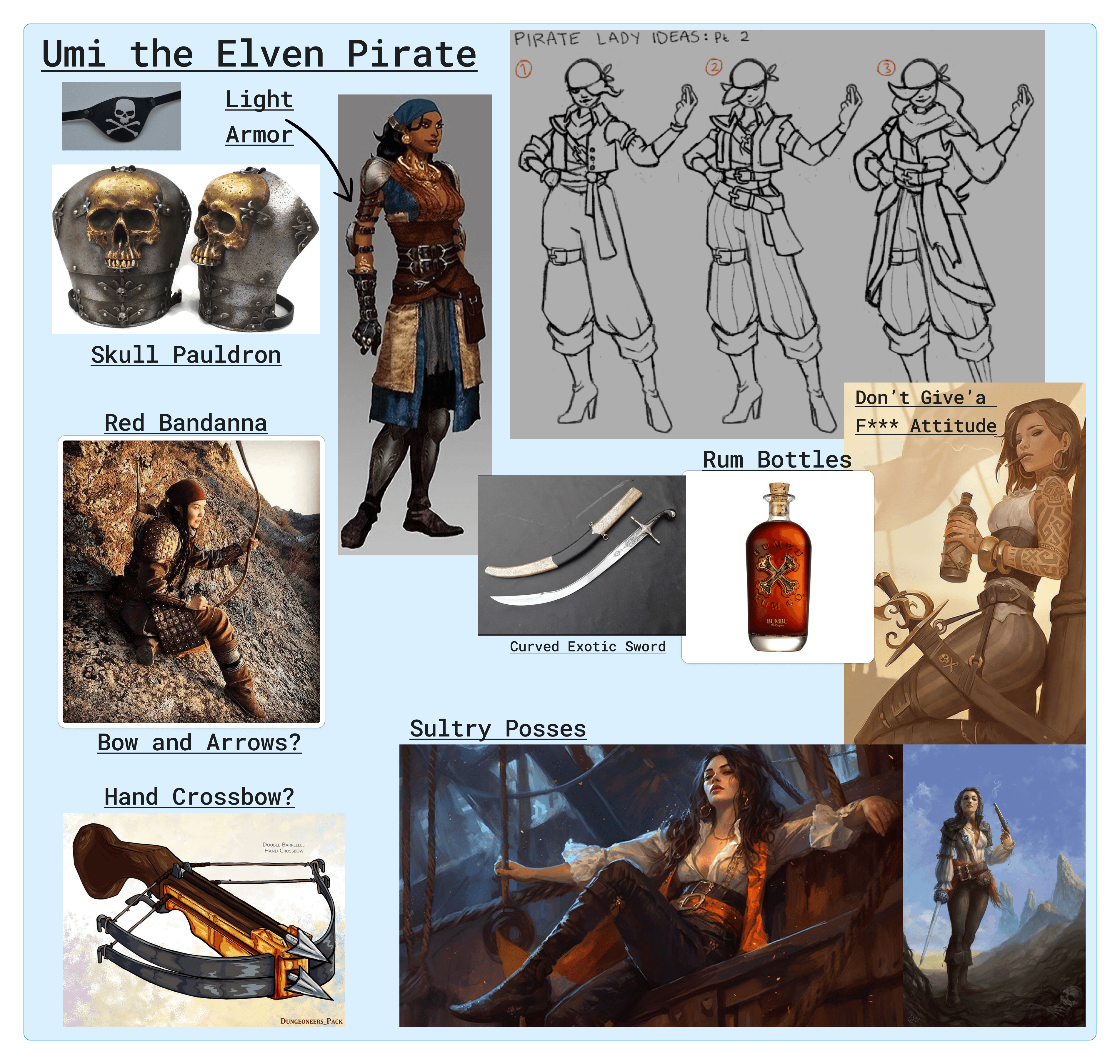 A moodboard for the Elven pirate Umi with images of Dragon Age and other games' concept art. 