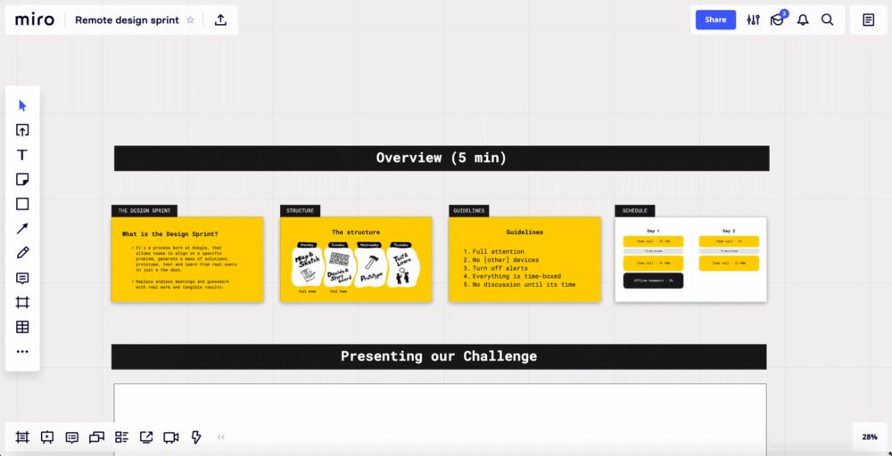 Miro board template for remote design sprints with overview, structure, guidelines, and schedule sections