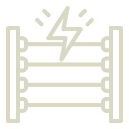 Electric fence power system icon with lightning bolt symbol connected to fence lines representing agricultural security and perimeter protection.