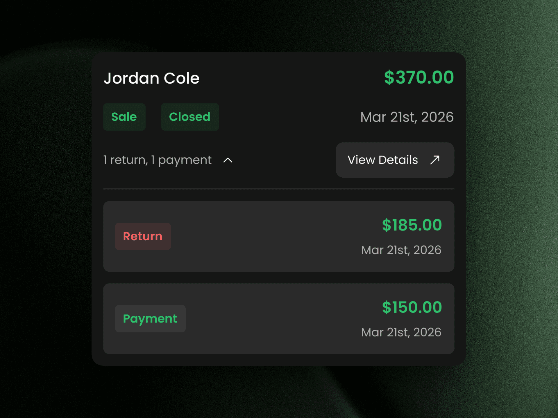 Screenshot of a Staackbooks transaction detail for a customer showing a sale, return, and payment breakdown with amounts and dates.