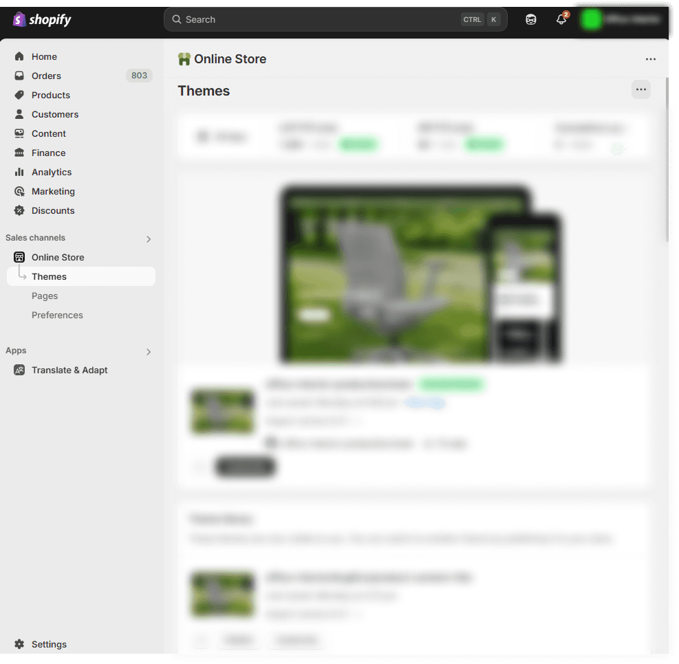 Seite Online Store Themes im Shopify-Admin, auf der das Liquid-Theme der Storefront verwaltet wird