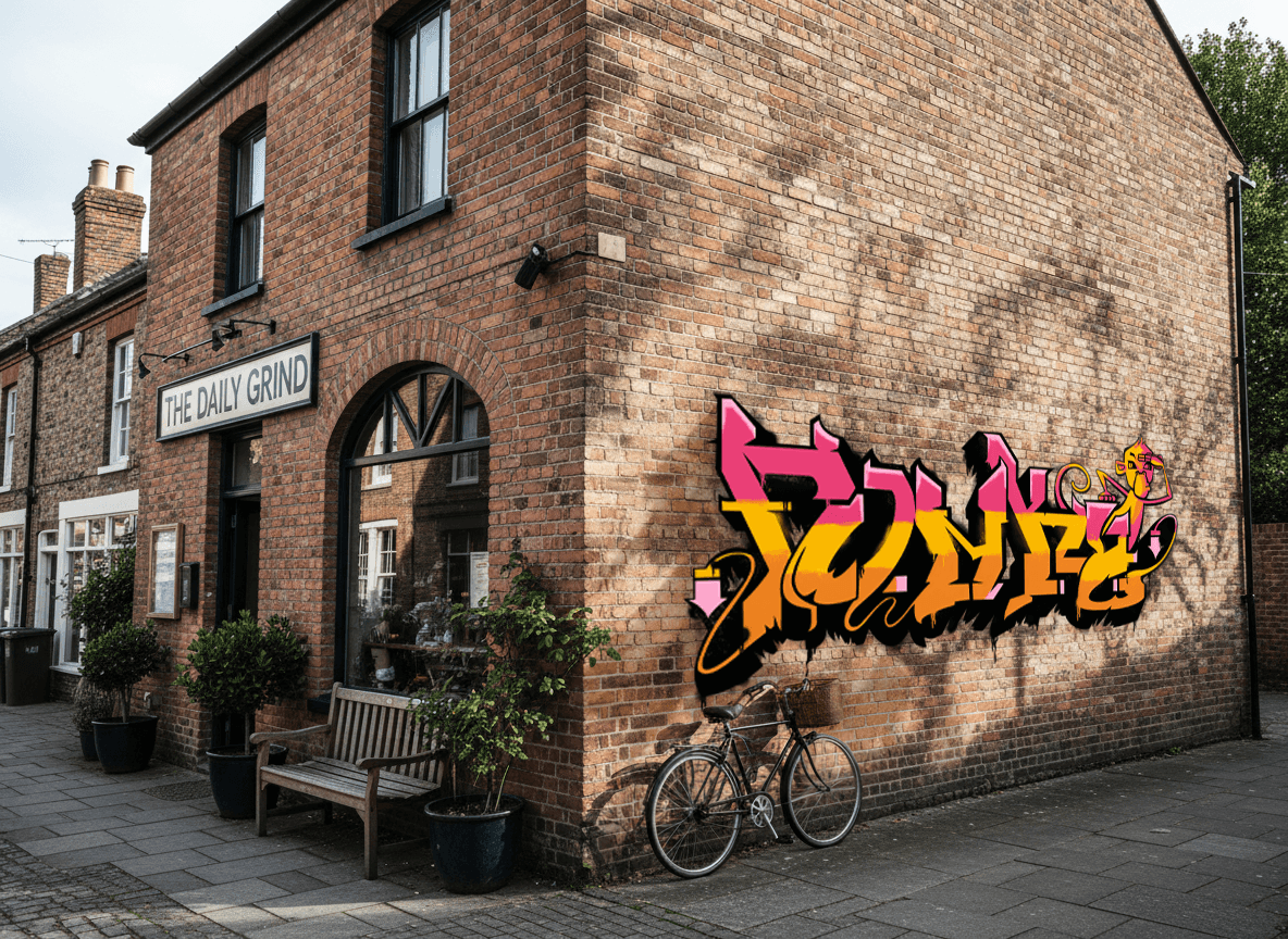 Mockup photo of the spray paint piece on the wall of a brick building.