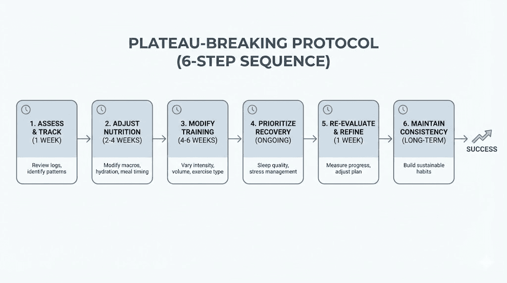 Step-by-step action plan flowchart for breaking through tirzepatide weight loss plateau