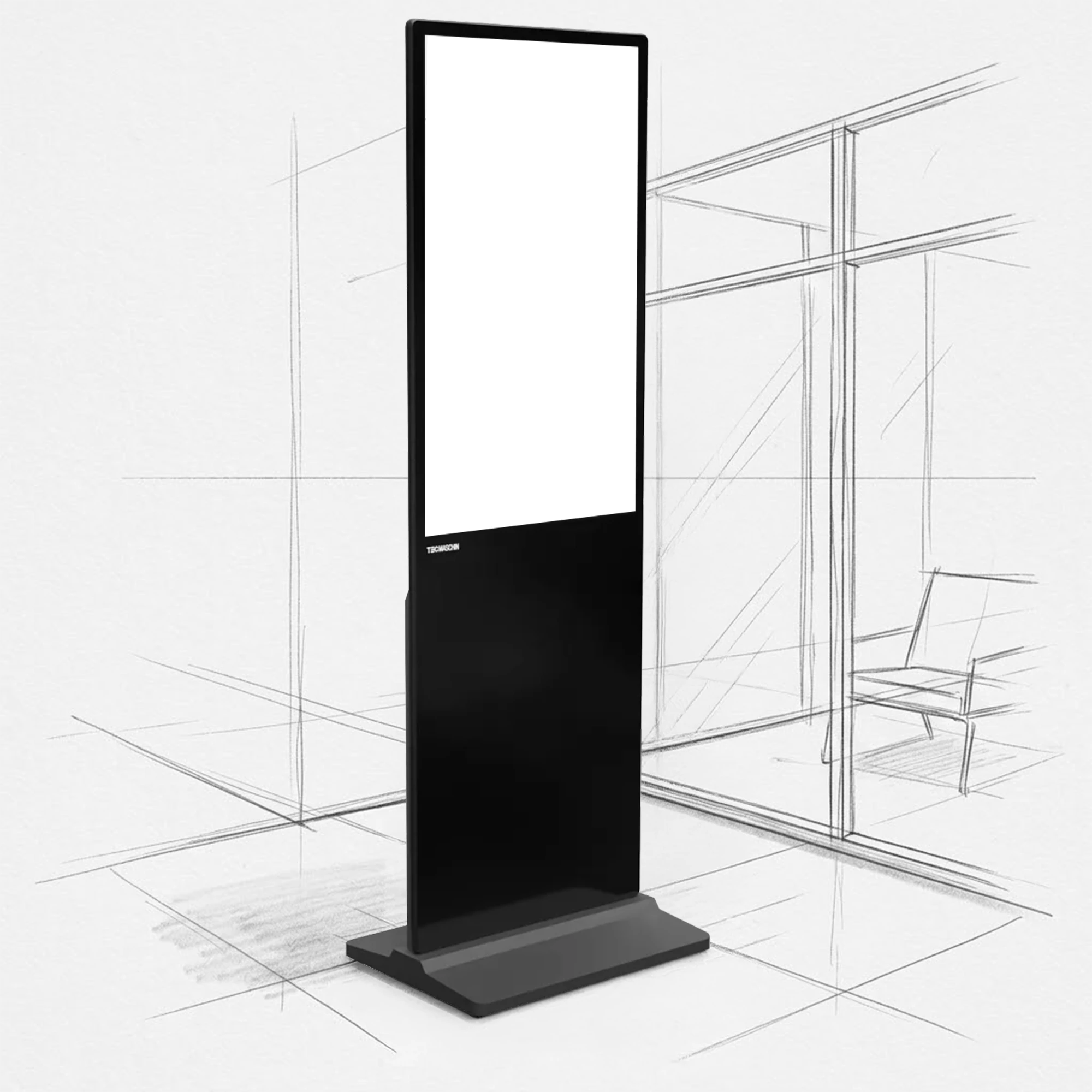 Festes Digital-Signage-Display auf Standfuß im Hochformat, indoor