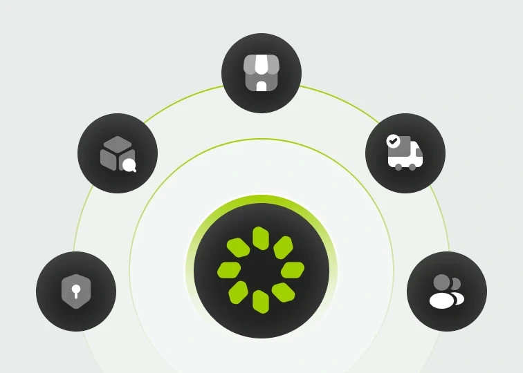 Centralized hub with interconnected icons for communication, logistics, analytics, and team management, symbolizing how OneAvant unifies business workflows into a single connected platform.