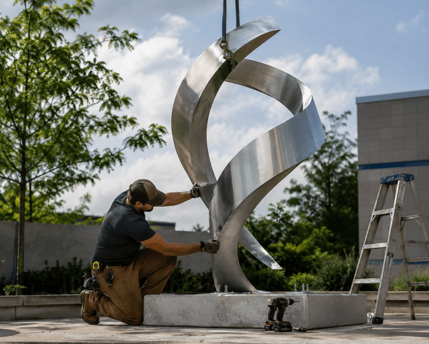 Installation of a custom metal sculpture for an architectural space