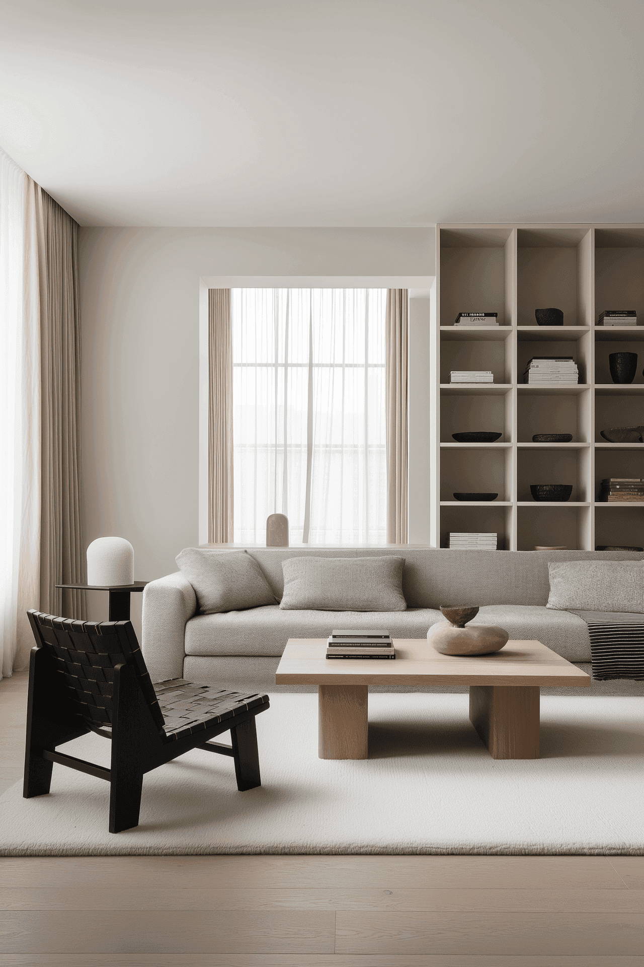 Contemporary living room with oversized grey sectional, built-in grid shelving, black woven chair, natural wood coffee table, and soft neutral palette