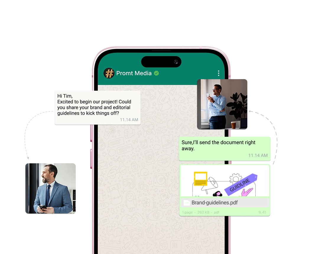 : Digital illustration of a WhatsApp chat on a mobile phone screen. The chat shows a conversation
