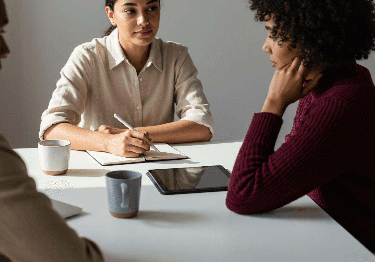 Two coworkers at desk in meeting taking notes