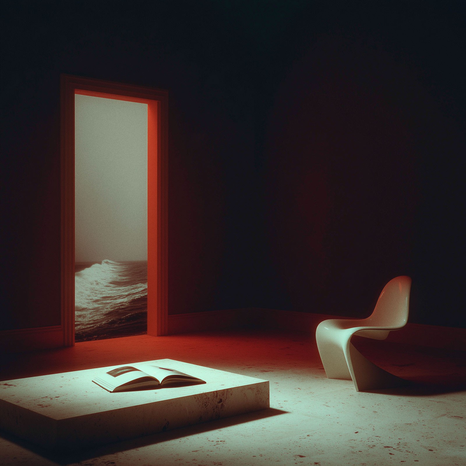 Library interior with bookshelves and armchair in warm red tones
