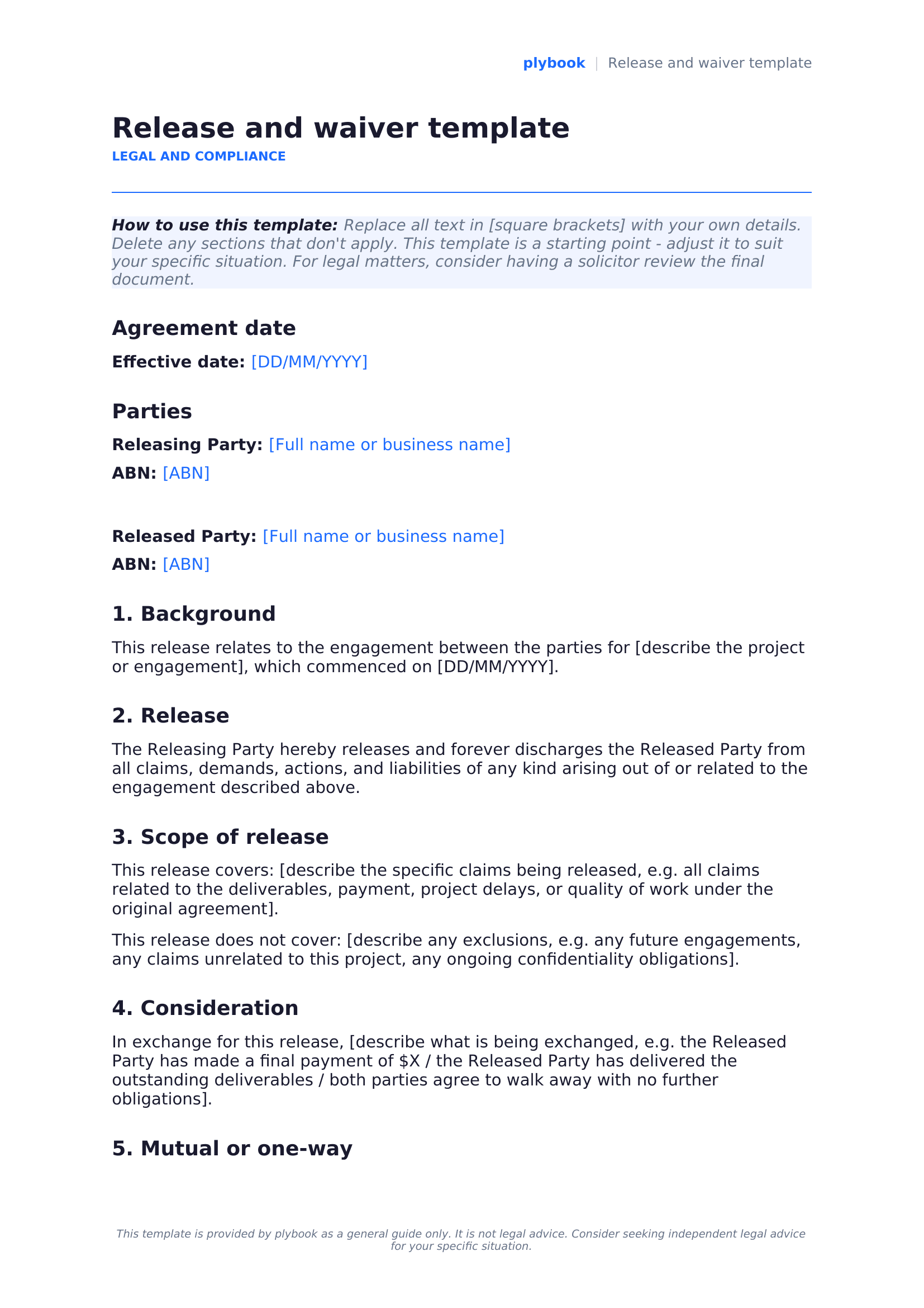 Release and waiver template