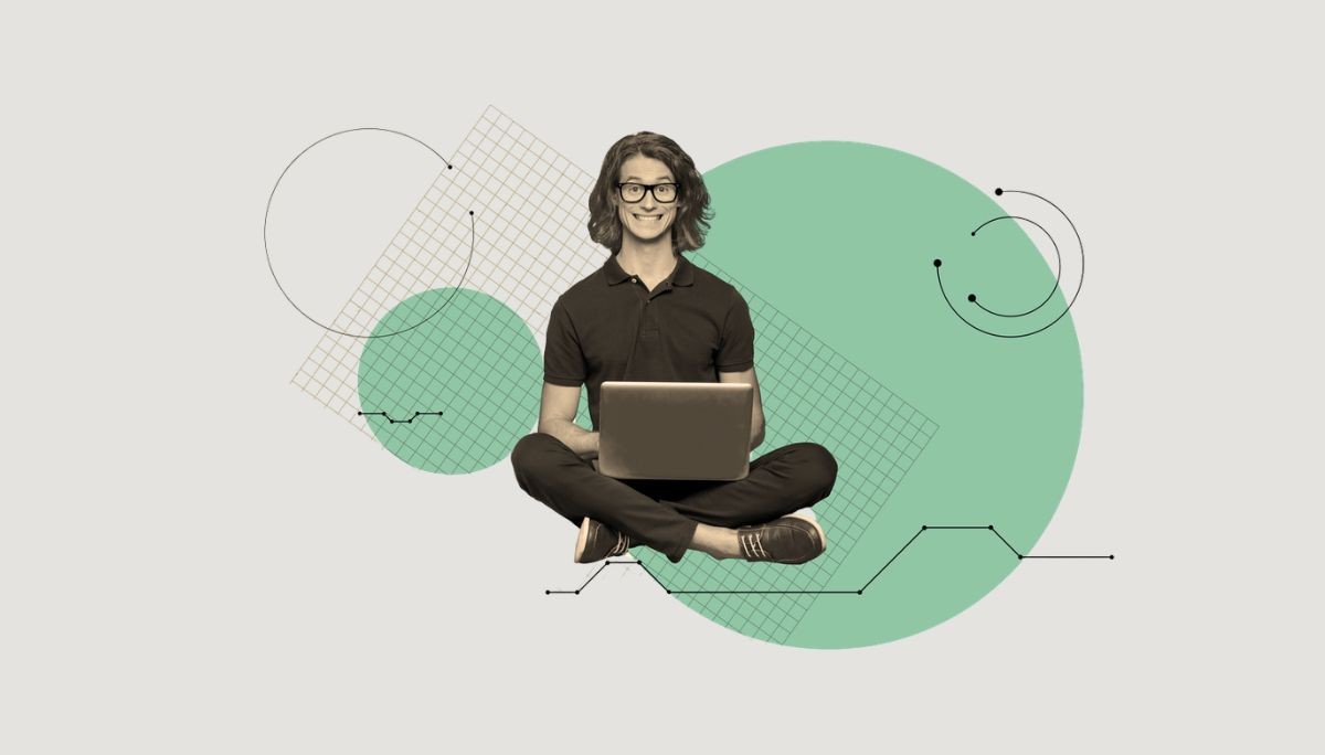 Person sitting with laptop against abstract tech background, symbolizing Smartsheet vs Jira integration for teams.