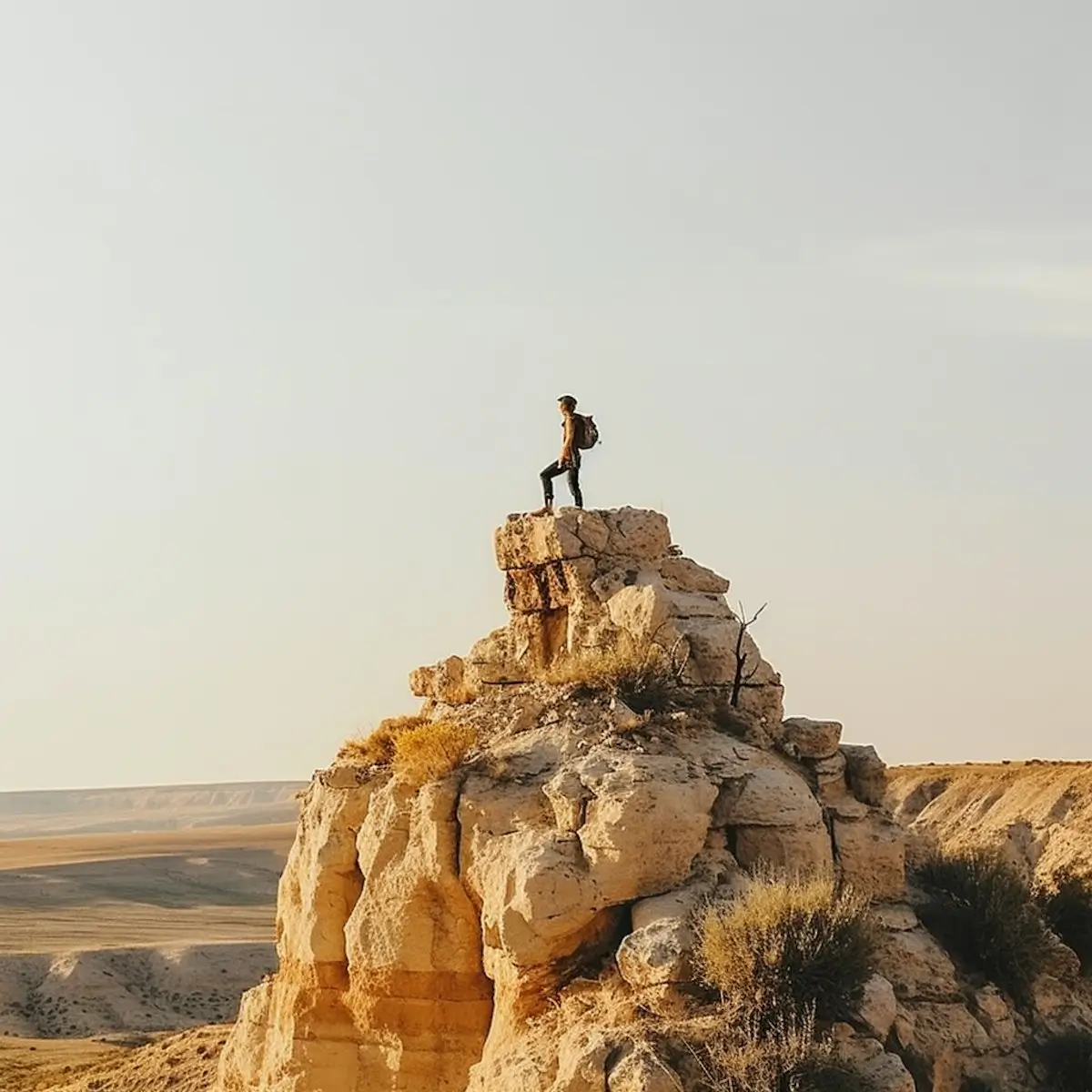 Personne debout au sommet d’un grand rocher clair dans une plaine désertique, sac à dos et chapeau, regardant l’horizon. Lumière chaude de fin de journée, ambiance d’exploration, de conquête et d’accomplissement personnel.