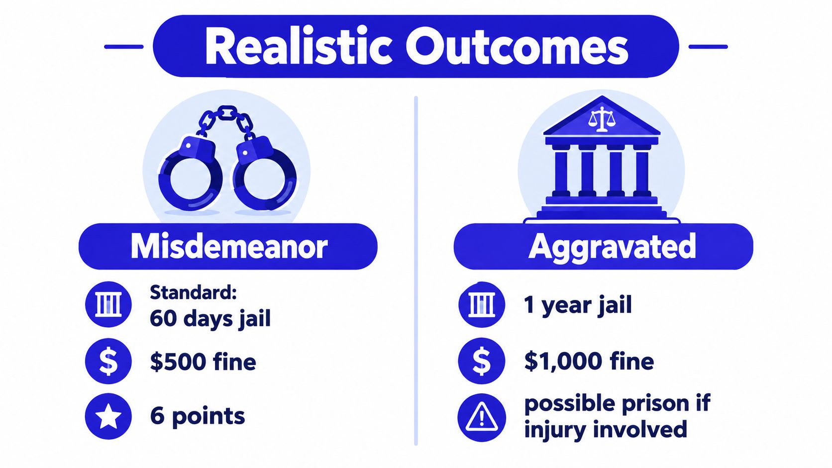 An infographic showing realistic legal outcomes for misdemeanor and aggravated reckless driving, including potential jail time, fines, and points.