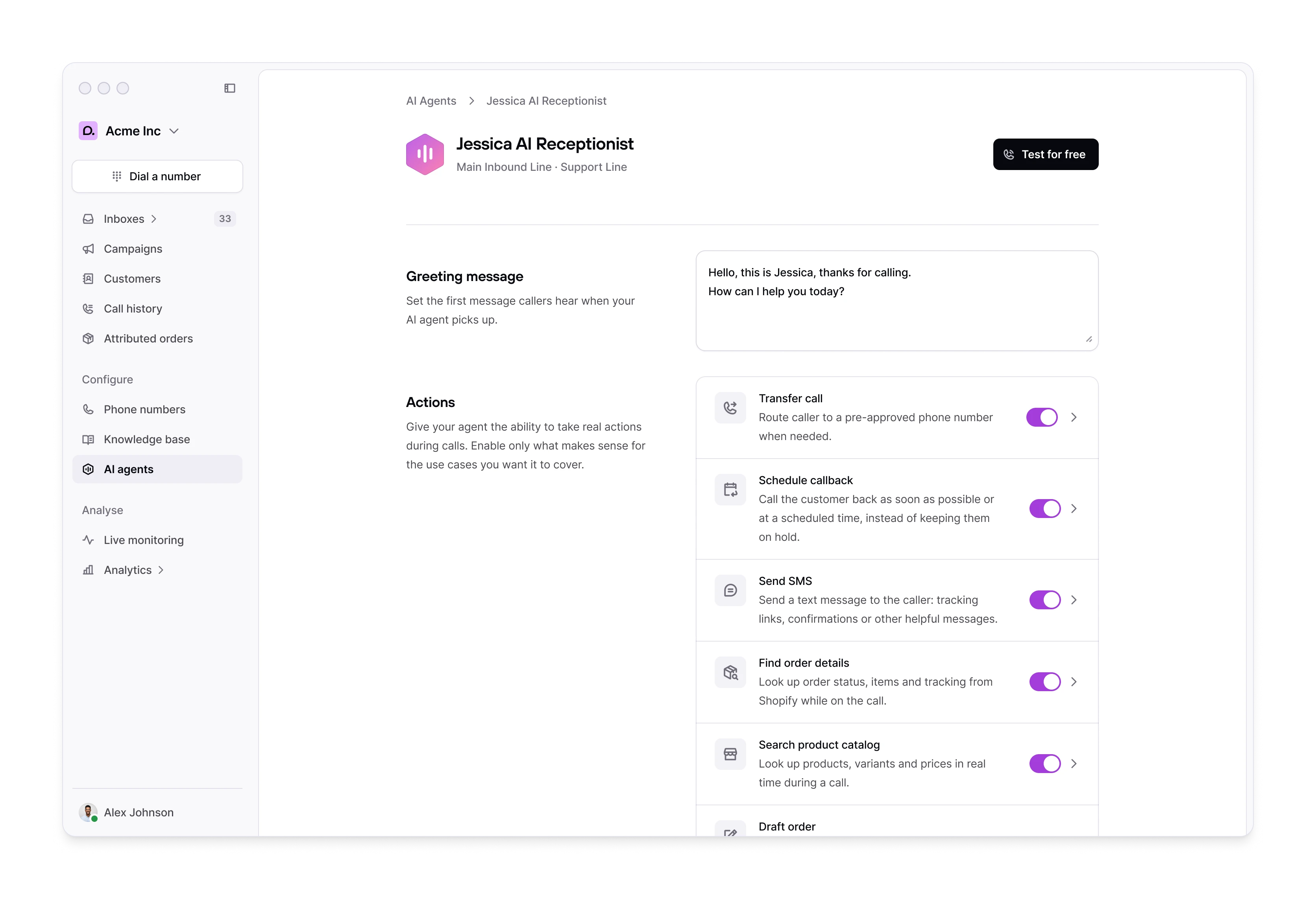 Consio AI voice agent configuration screen showing behavior guidelines, and a list of ecommerce actions the agent can perform during calls including transfer call, schedule callback, send SMS, find order details, search product catalog, and draft order