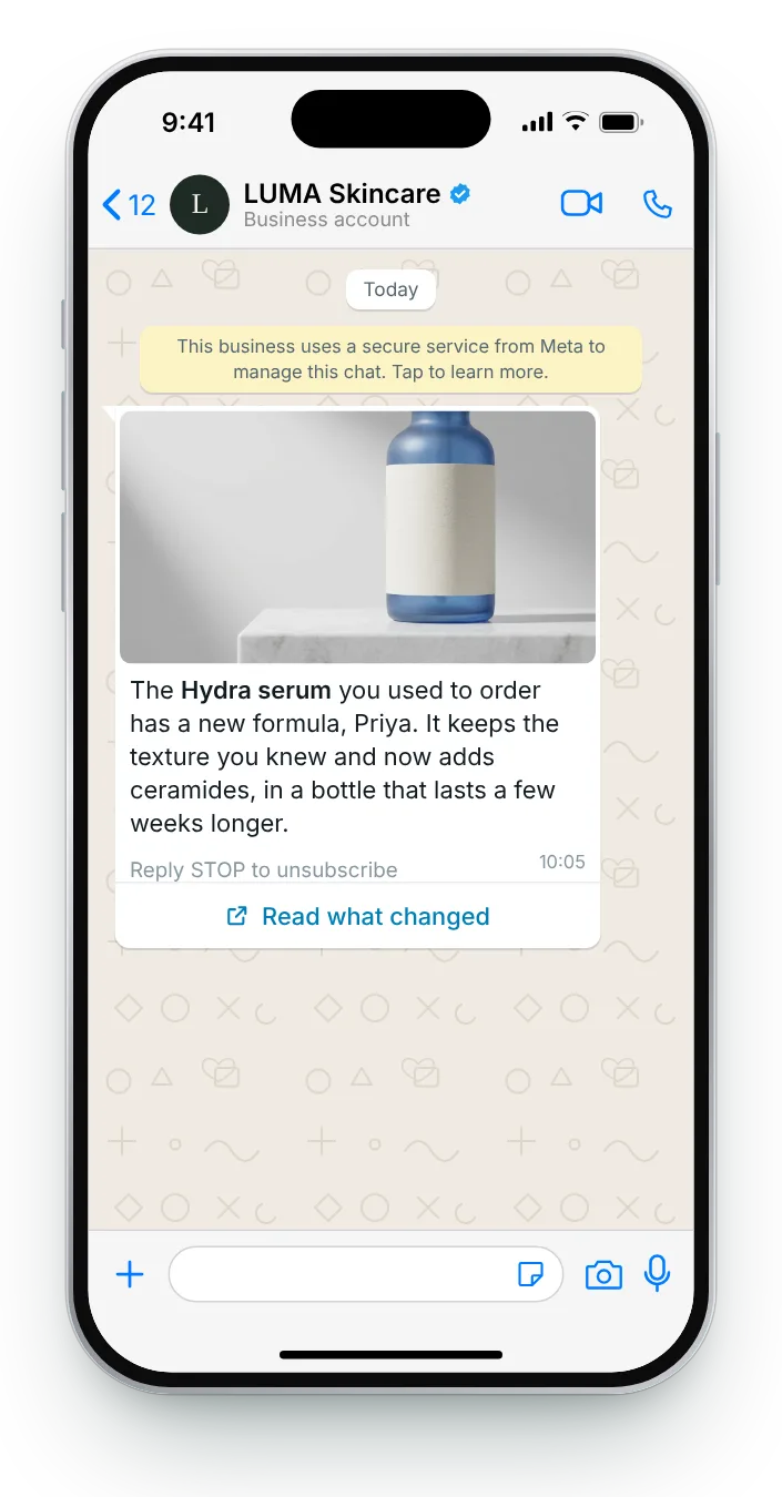 The product they used, improved: WhatsApp win-back message on an iPhone