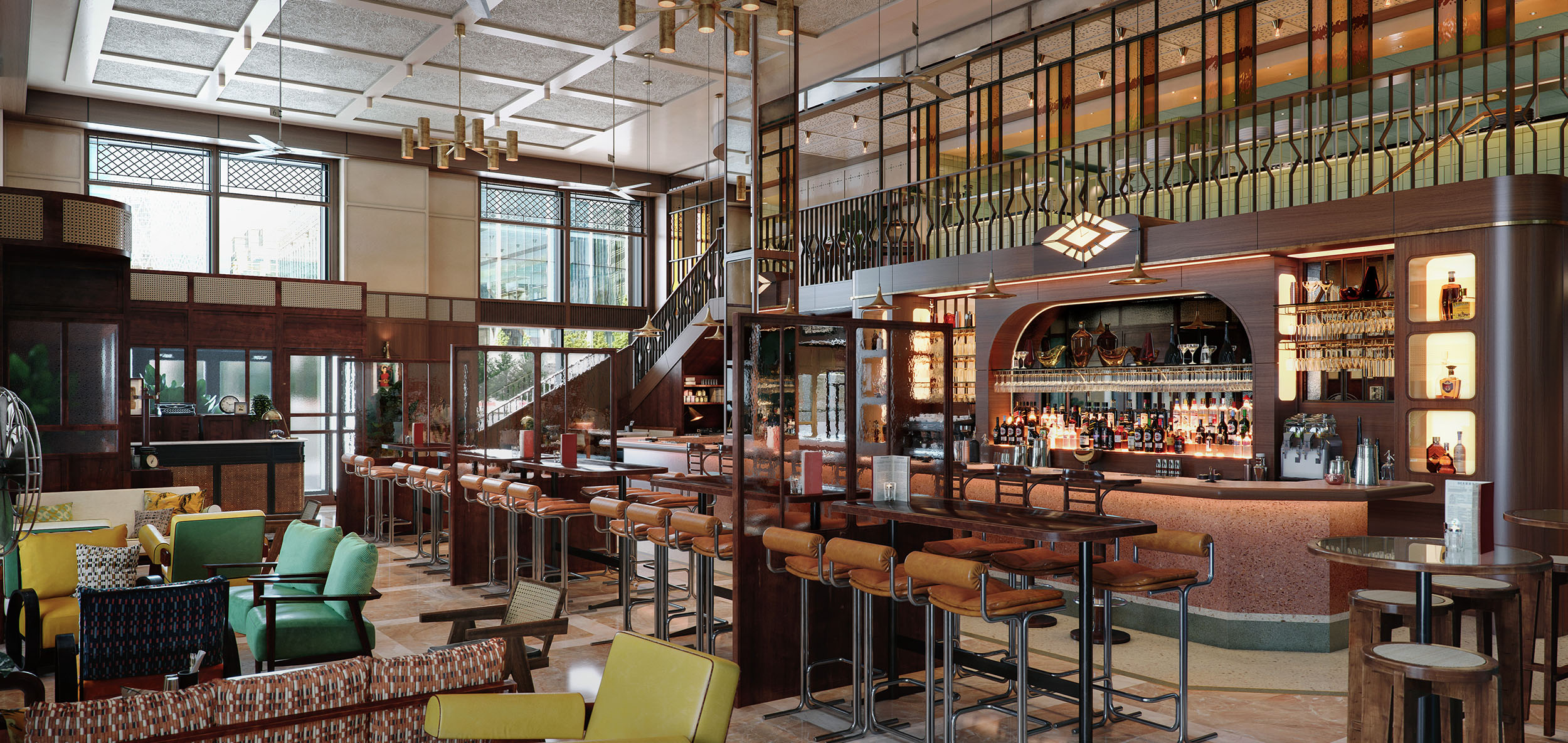 Architectural CGI of a luxury bar and lounge. CGI render.