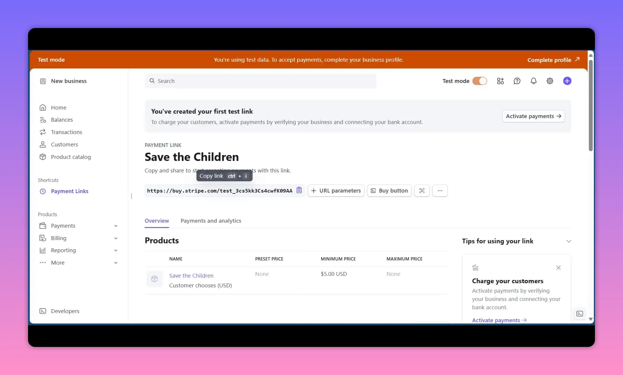 Crisp Stripe dashboard screenshot showing the 'Save the Children' payment link, the link URL, and the left navigation with Transactions and Balances.