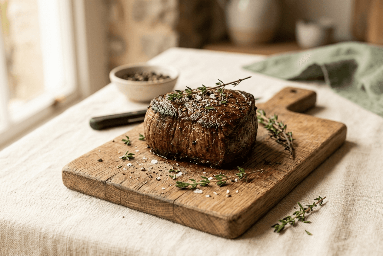 A center-cut beef tenderloin seared to a deep brown crust, resting on a wooden board with thyme