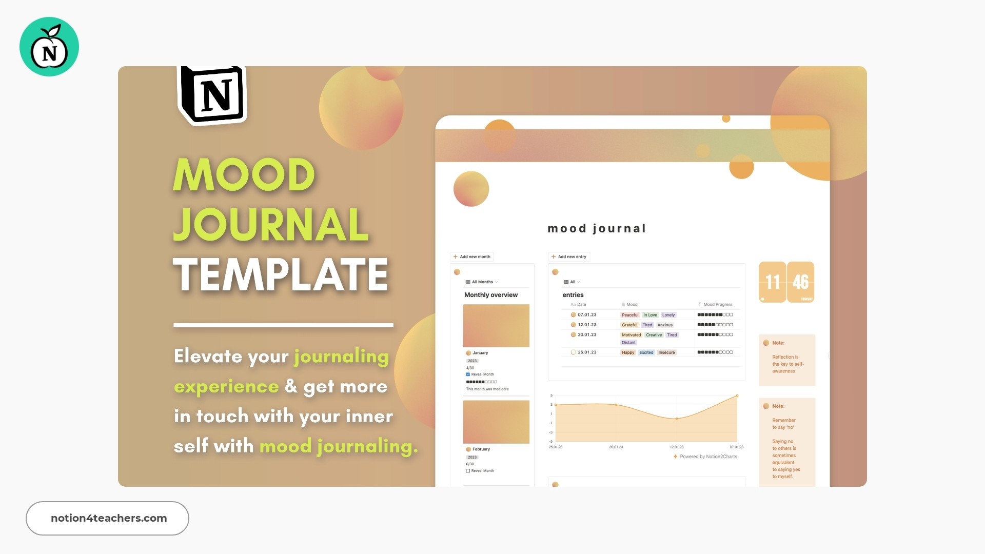 Mood Journal Notion Template - Monthly overview of your emotions