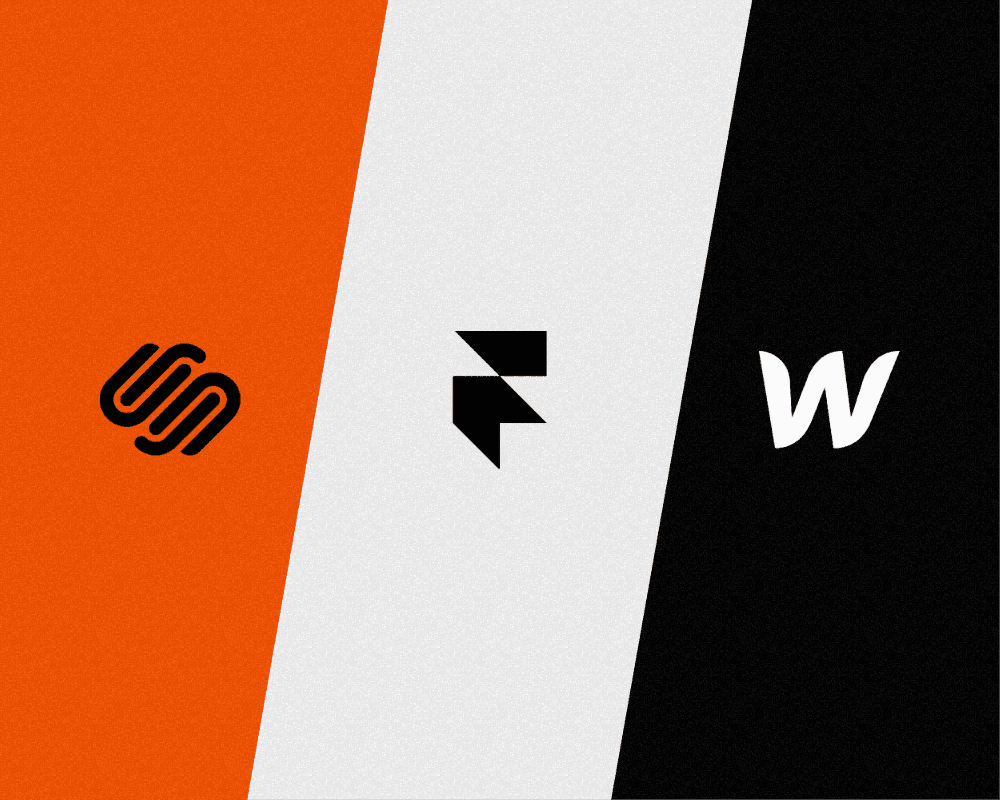 Three logos : SquareSpace, Framer and Webflow on a tri-color background.