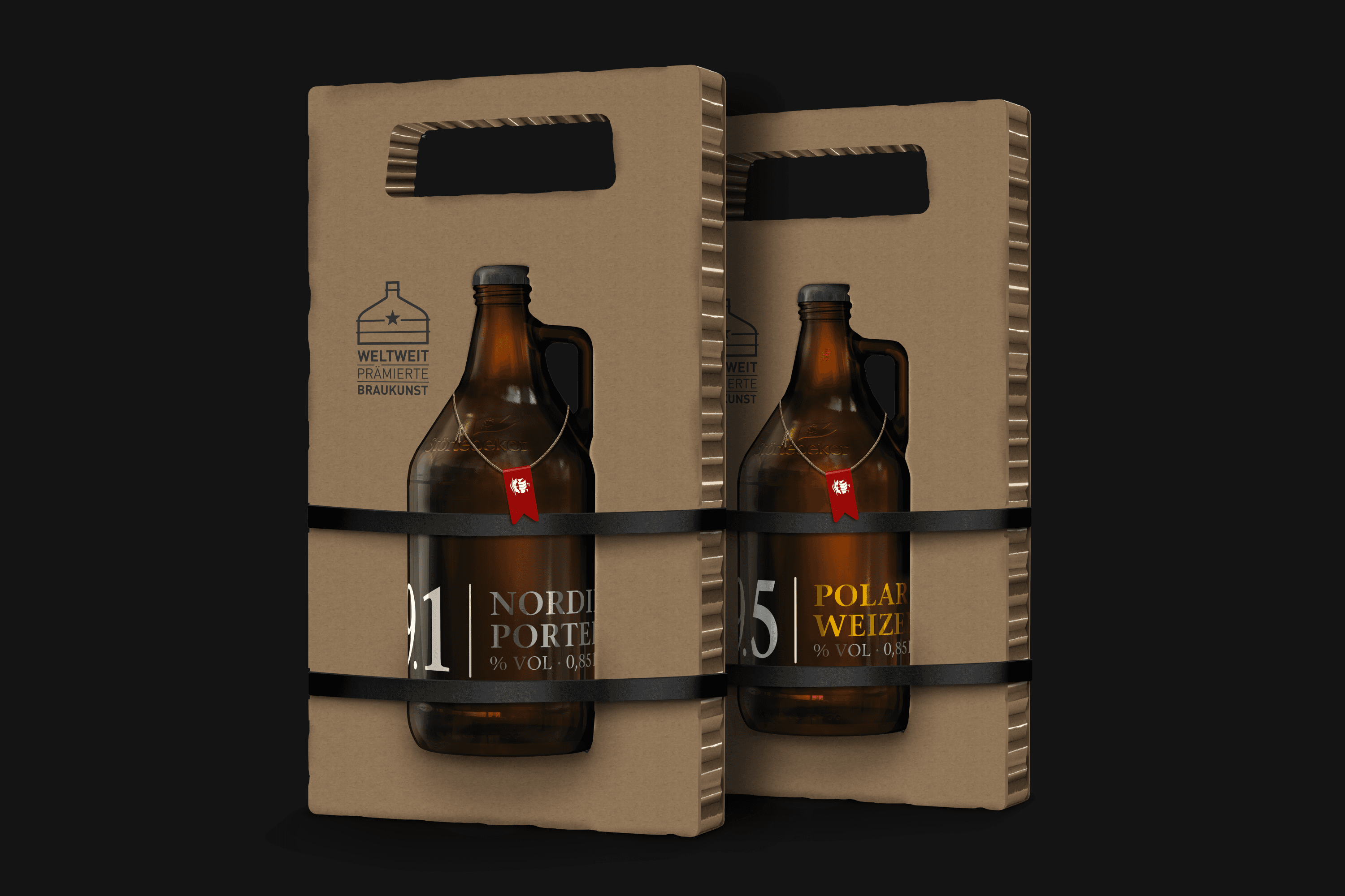 Two bottles in cardboard carriers: Noir Porter and Polar Weizen.