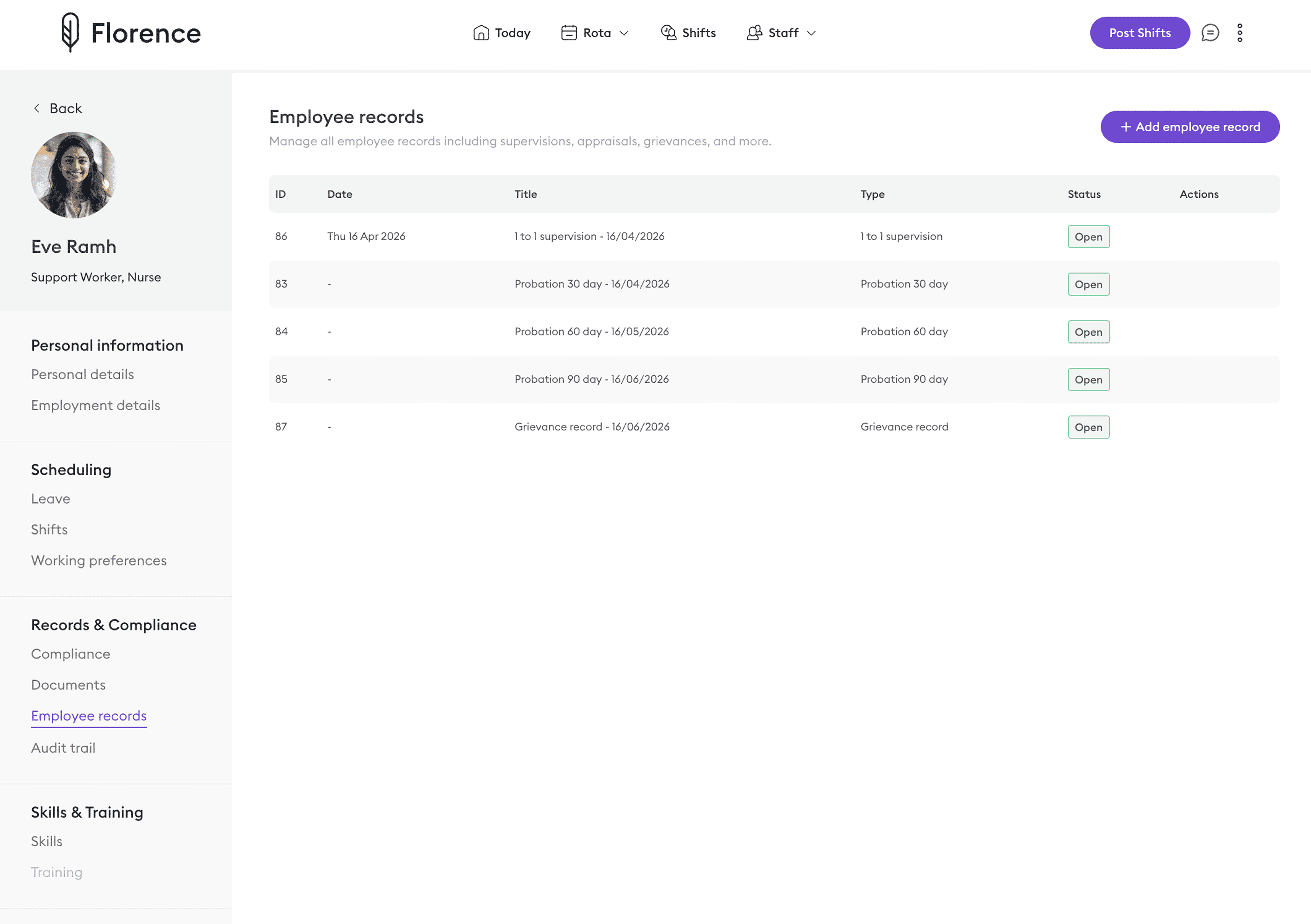 Florence employee records view