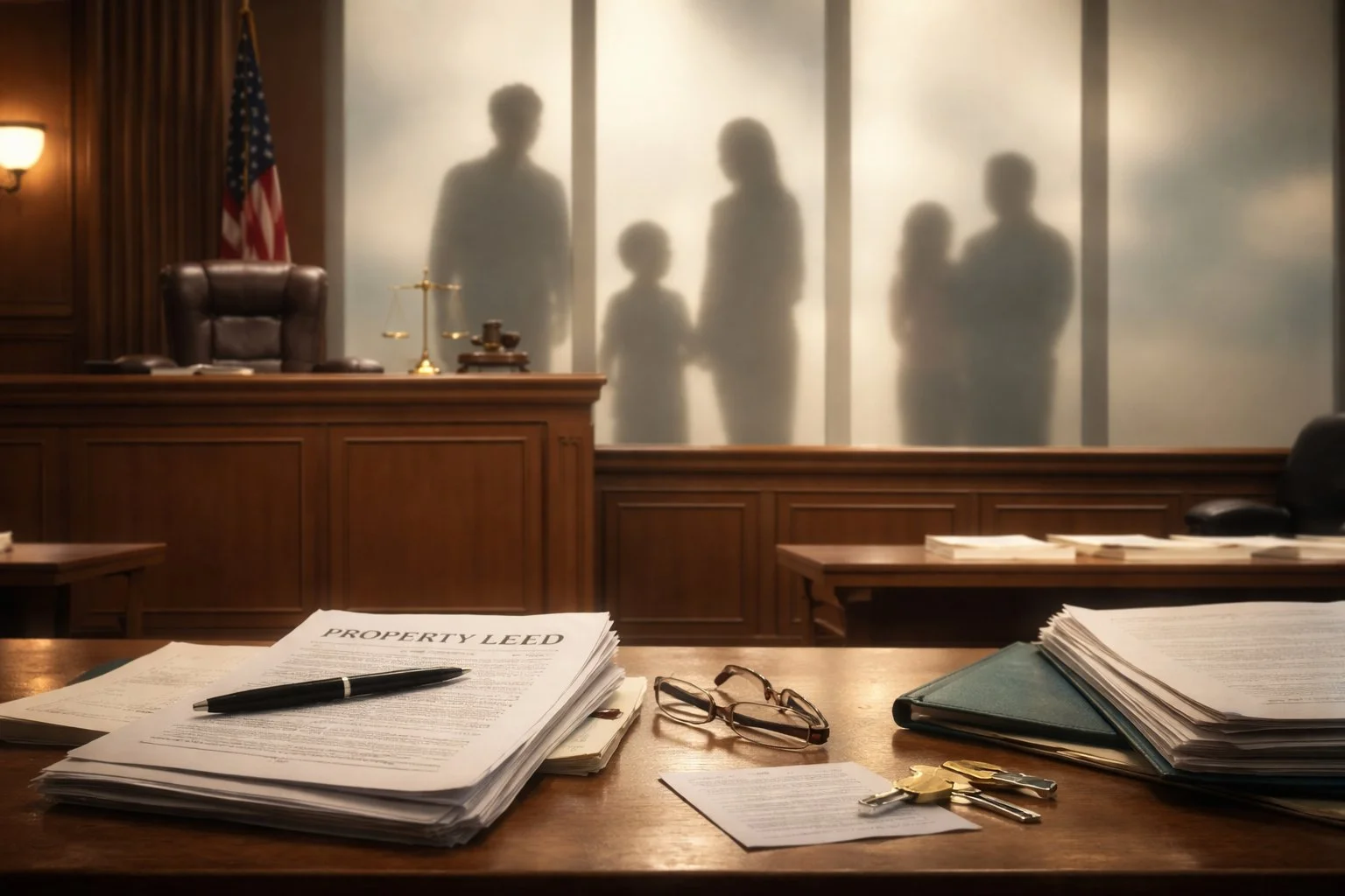 Quiet courtroom with an empty judge’s bench, abstract shadows of family members behind glass, and papers and property deeds on a table.