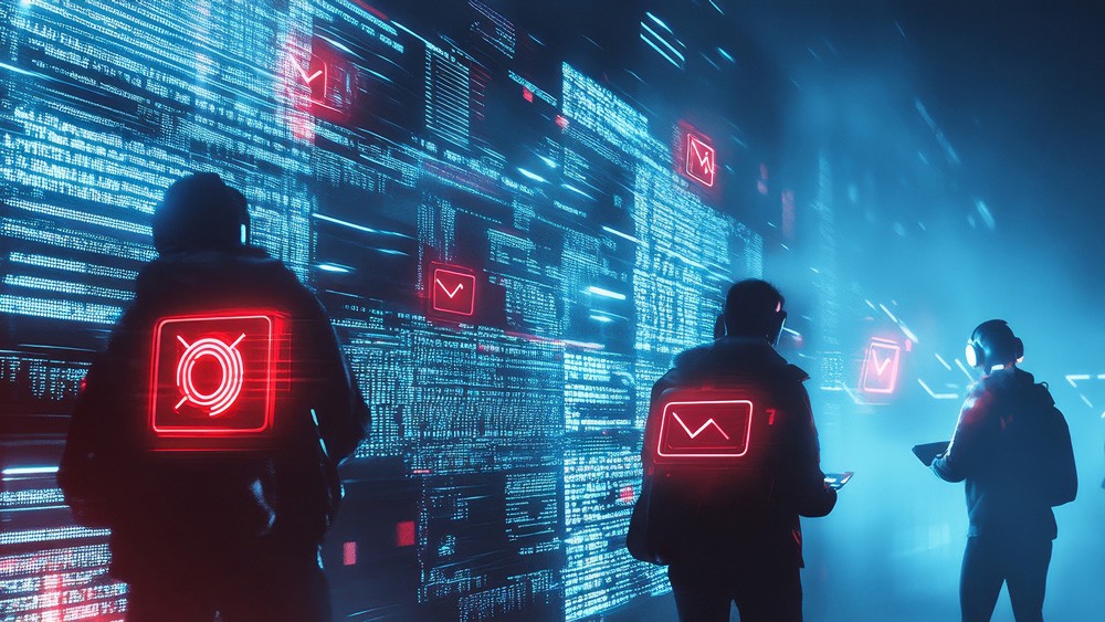 Red digital warning symbol glowing on a circuit board interface, representing active ransomware exploitation of the VMware ESXi CVE 2025 22225 vulnerability and hypervisor compromise.