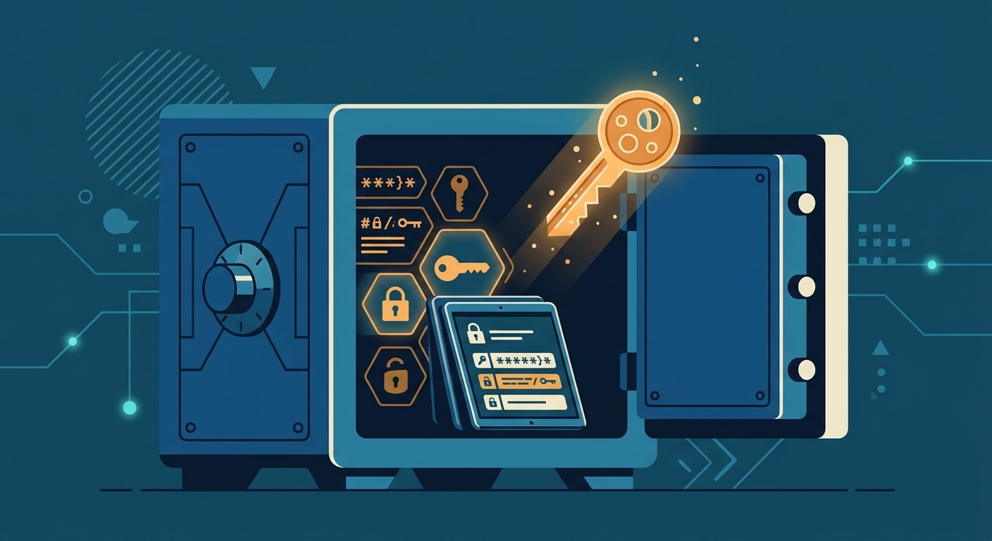 Illustration of API keys and passwords locked in a safe with one exposed key