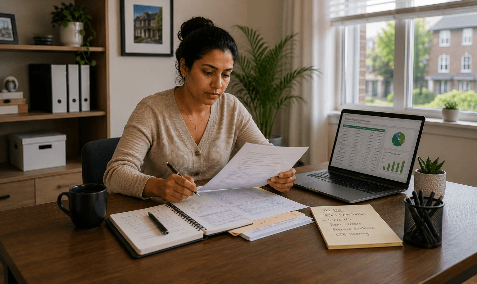 Ontario landlord reviewing tenancy documents and preparing materials for a Landlord and Tenant Board matter.
