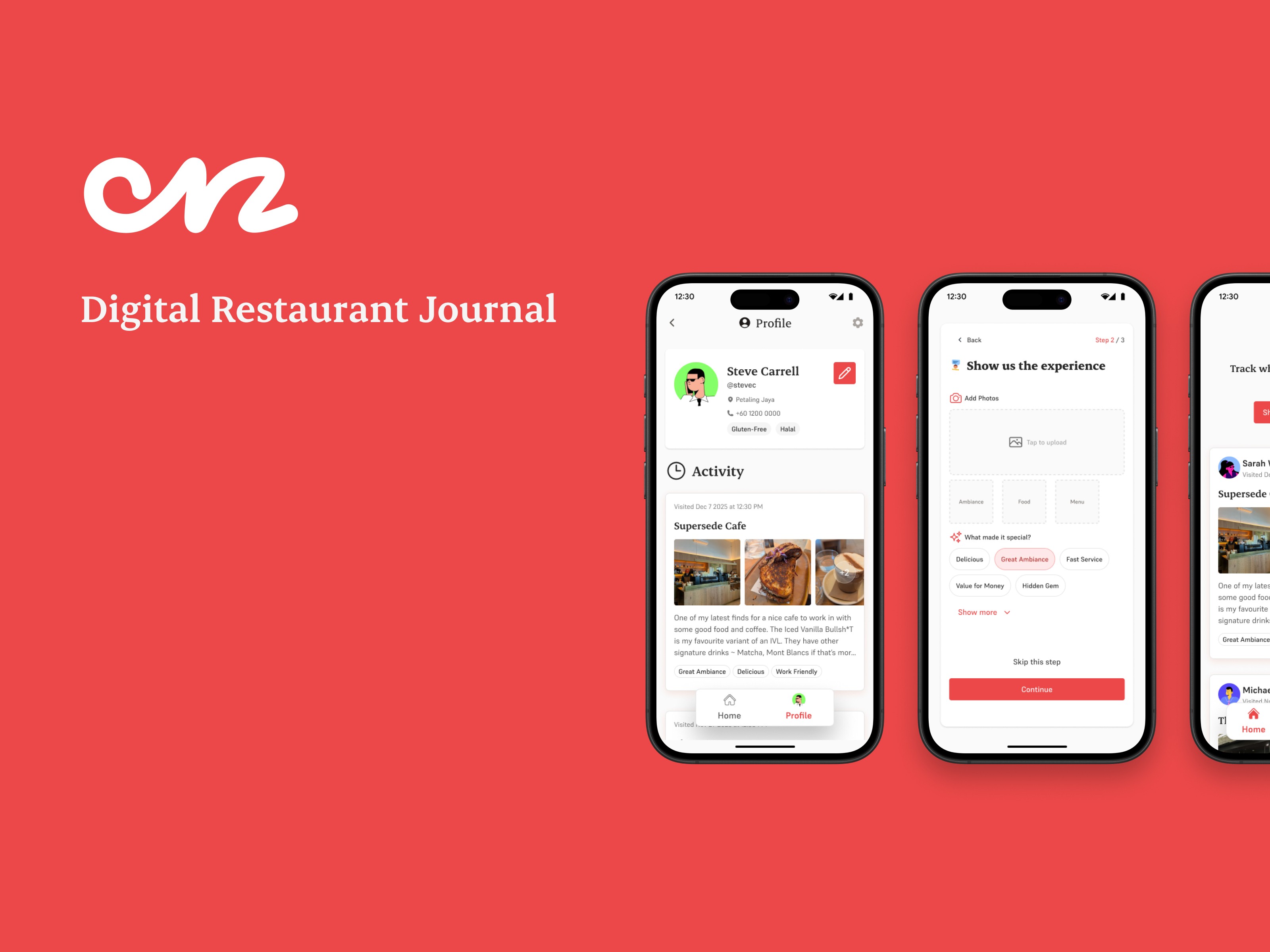 Restaurant discovery web app UI highlighting social reviews and quick “where to eat” decision-making.