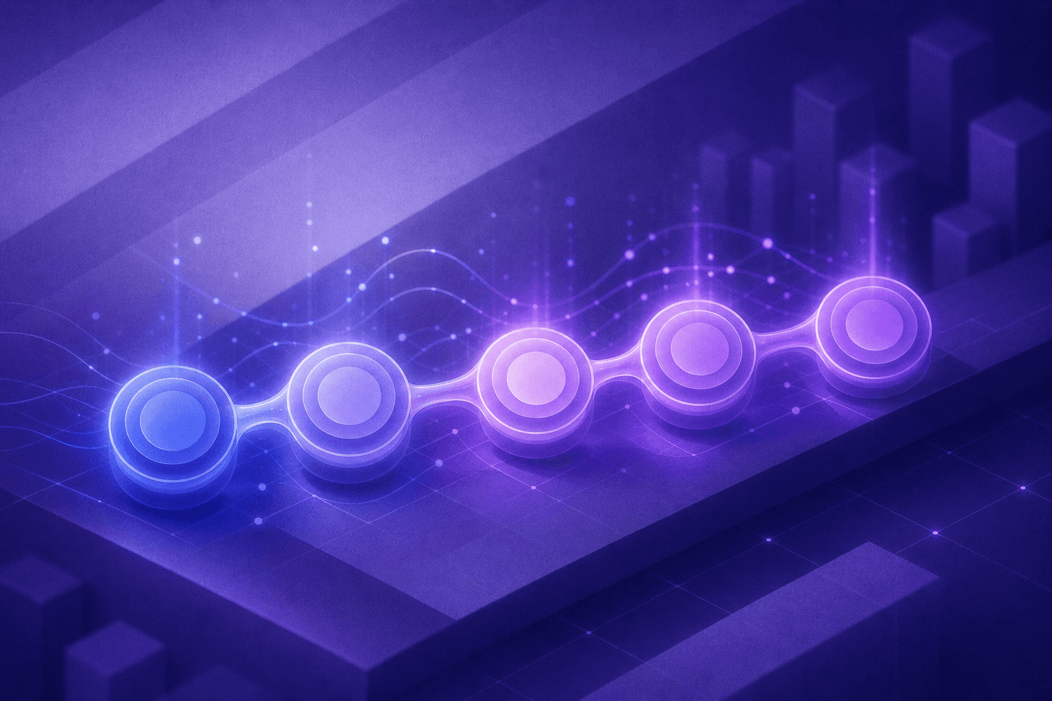 A sleek futuristic digital sales pipeline visualization showing five interconnected glowing nodes flowing left to right, representing signal detection, data enrichment, outreach, qualification, and meeting booking. Abstract network connections between nodes, blue and purple color scheme, dark background with subtle grid lines, professional business technology aesthetic, no text or labels
