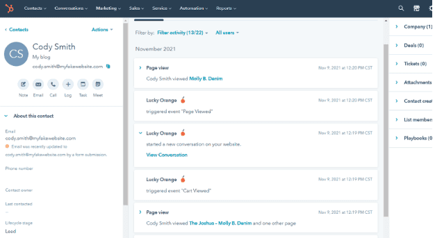 HubSpot Lucky Orange integration in HubSpot timeline view
