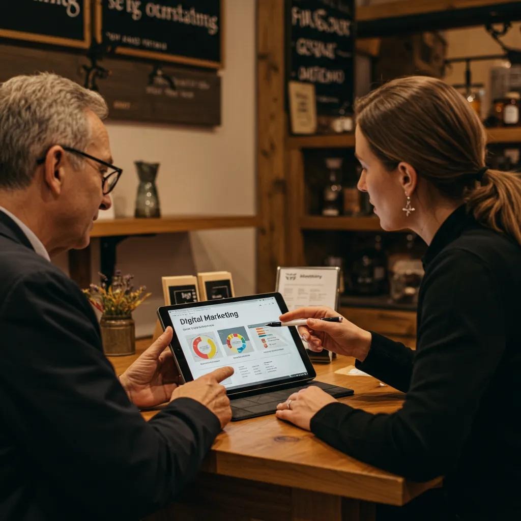 Local business owner in consultation with a digital marketing expert, highlighting personalized marketing solutions
