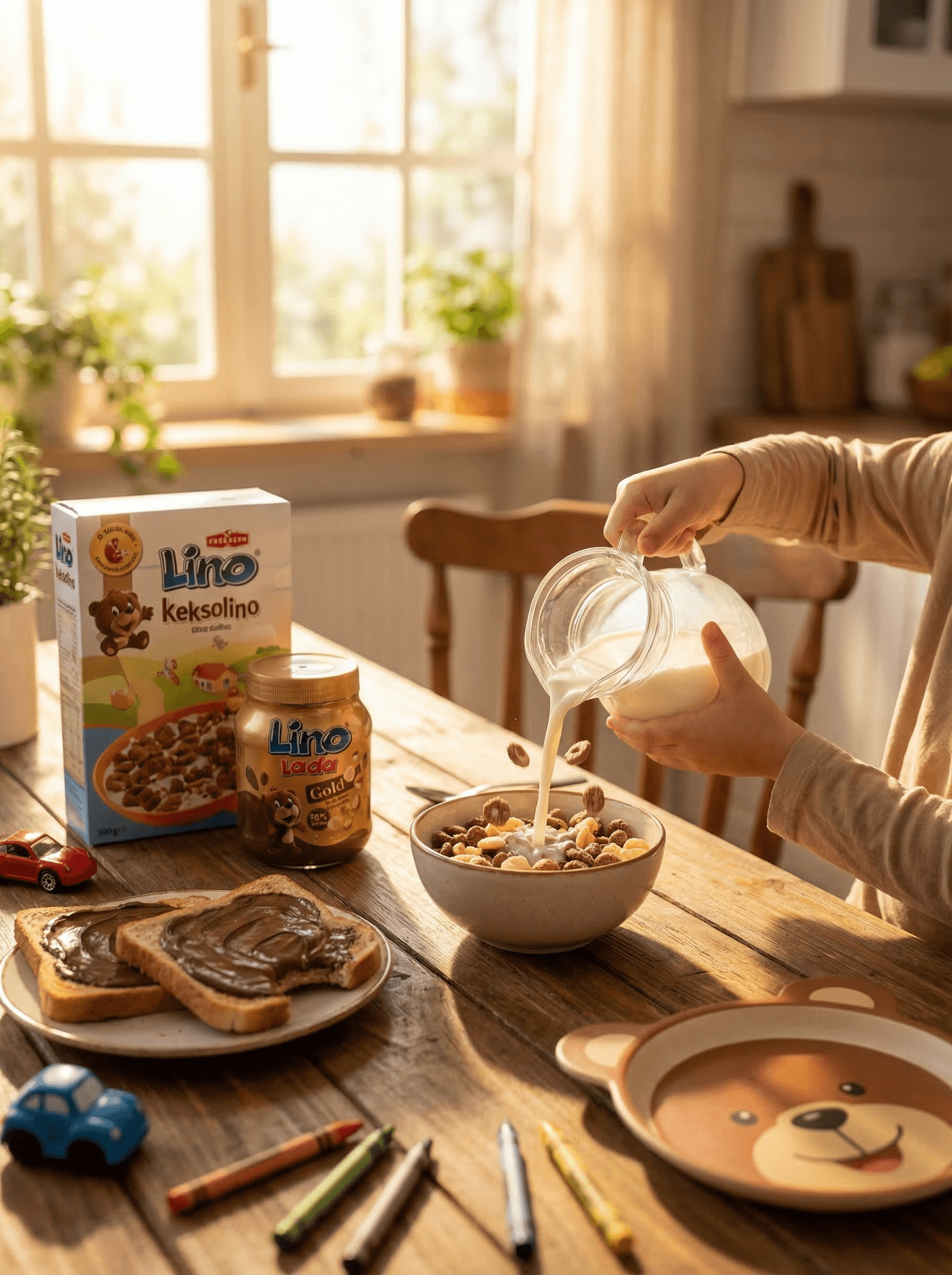Ontbijt met cereal, melk en chocoladepasta in een warme keuken setting