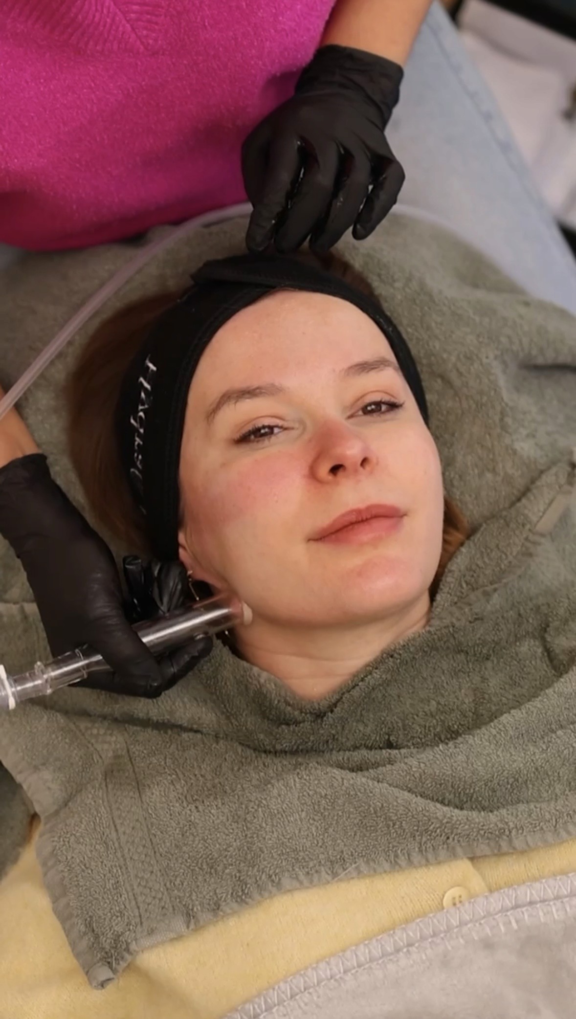 Dr. Louise Cuveele undergoing a Hydrafacial treatment.