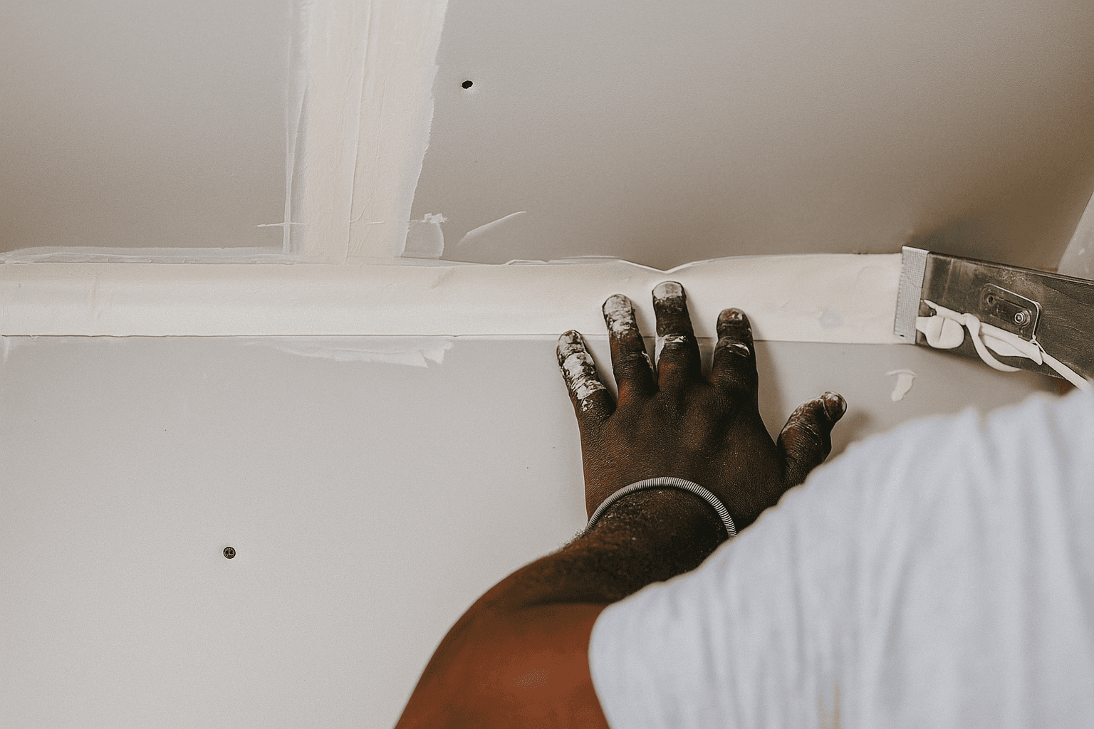 Une main tachée de peinture applique du plâtre sur un joint mural. Un outil de lissage est visible. La scène traduit la concentration et le savoir-faire. Un peu moins clair.
