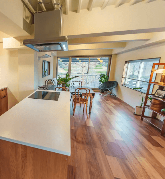 Views of the spacious living room and kitchen area