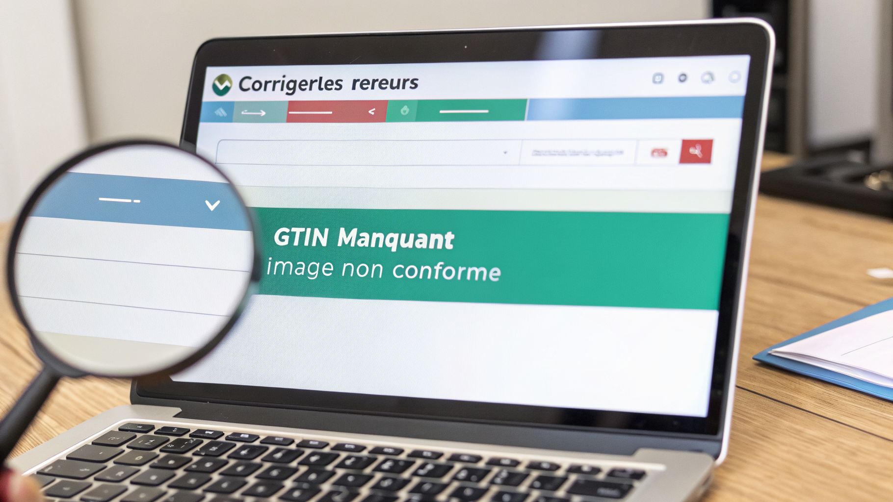 Gros plan sur un ordinateur portable affichant une page web pour corriger les erreurs de GTIN et d'image non conforme, avec une loupe.