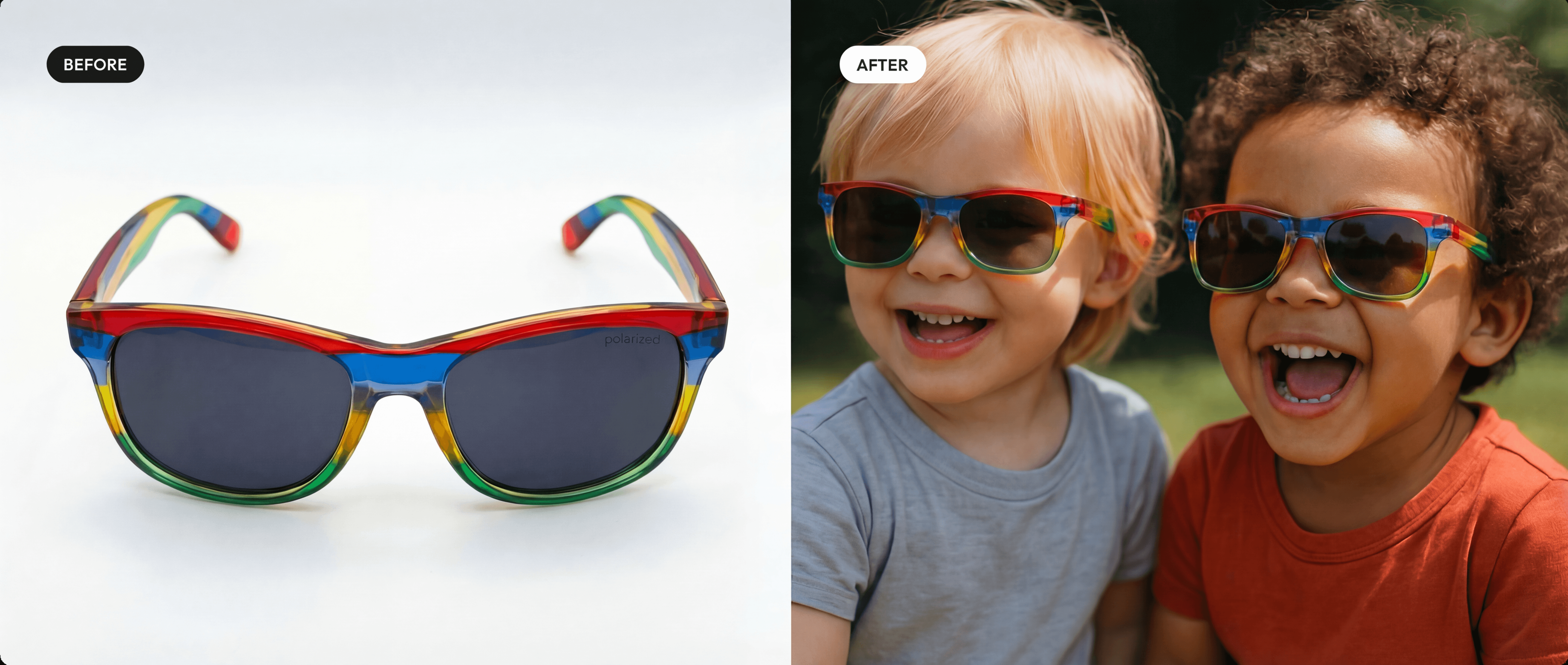 colourful kids sunglasses before & after with one blonde and one mixed race boys that are 6 wearing them and smiling