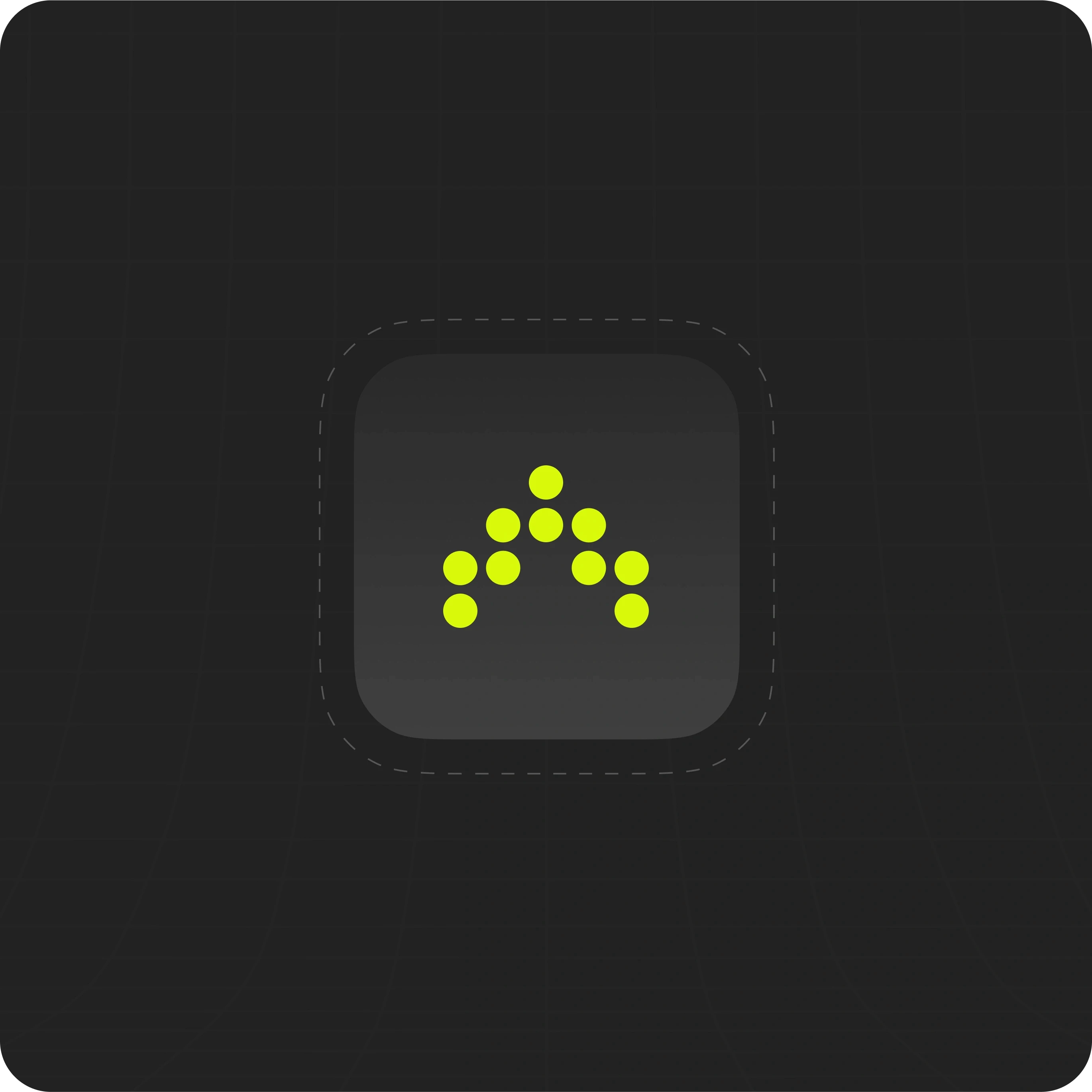 A dark-themed app icon with a grid background featuring the Antimetal logo. The logo consists of small neon yellow dots arranged in an upward-pointing arrow shape. The icon has rounded corners and is centrally positioned within the image.