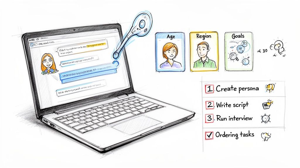 Digital illustration of a laptop, user persona cards, and a checklist for conducting user interviews and ordering tasks.