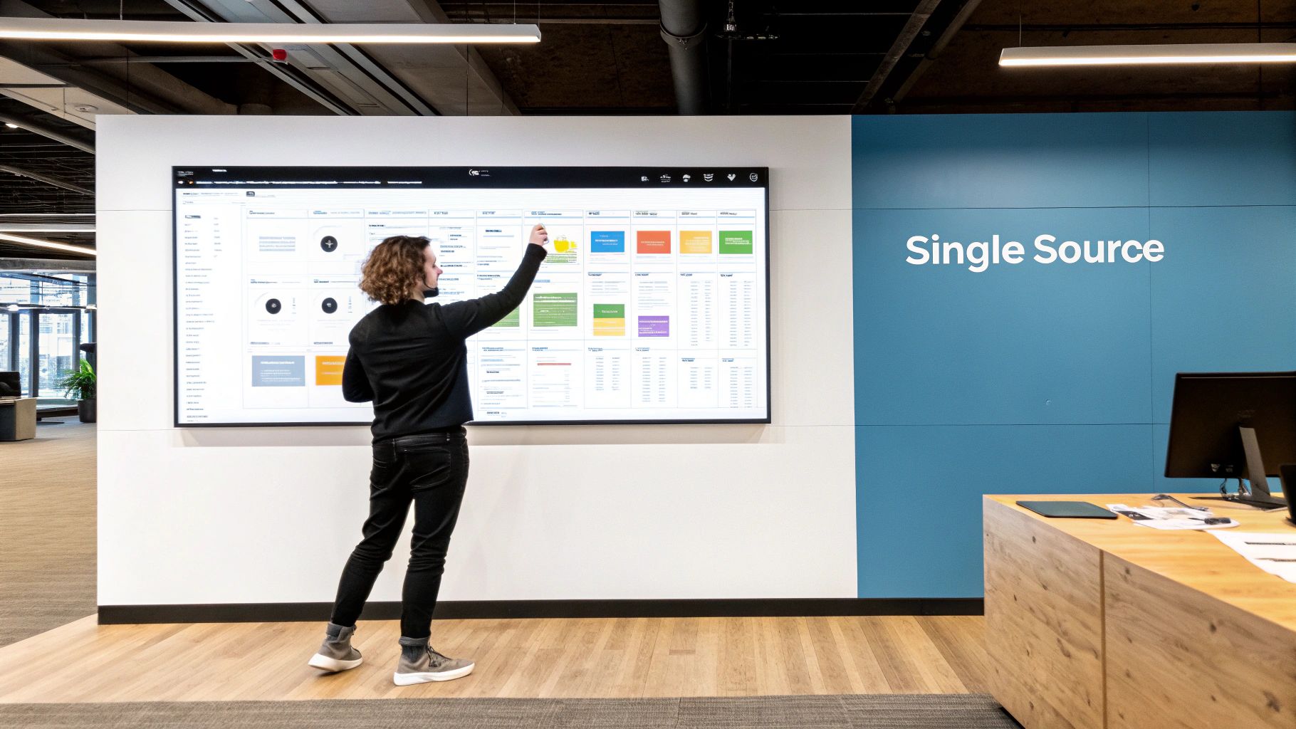 A man with curly hair interacts with a large interactive digital display in a modern office, showing data.